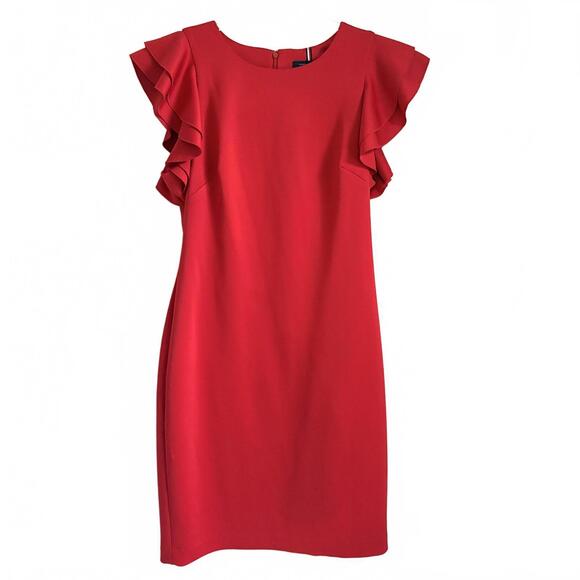 Tommy Hilfiger | Women’s Red Scuba Flutter Ruffle Cap Sleeve Sheath Dress Size 8 - Picture 2 of 9
